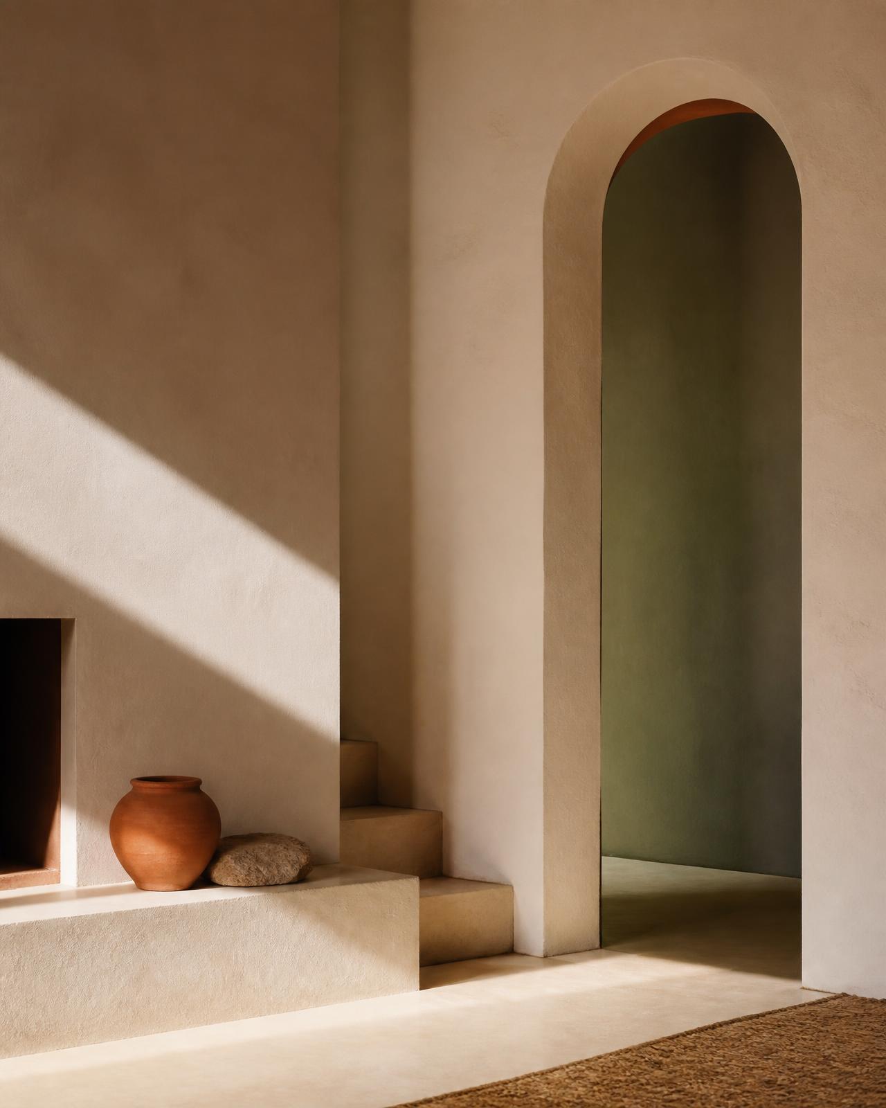 Warm minimal interior with limestone plaster walls and an arched doorway